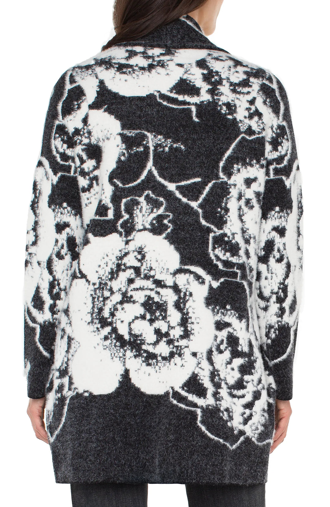 LONG SLEEVE OPEN FRONT SHAWL SWEATER COAT - BLACK WHITE FLORAL