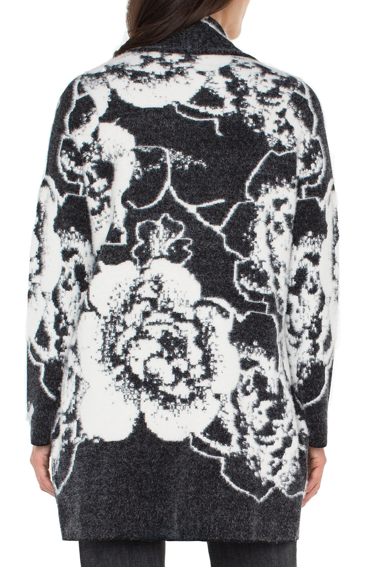 LONG SLEEVE OPEN FRONT SHAWL SWEATER COAT - BLACK WHITE FLORAL