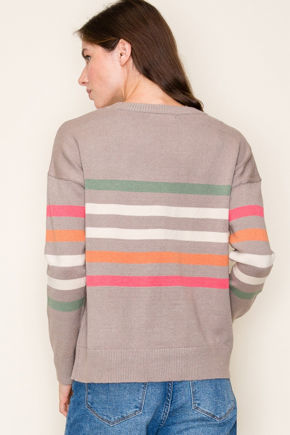 COLOR STRIPE CREW NECK PULLOVER - MOCHA