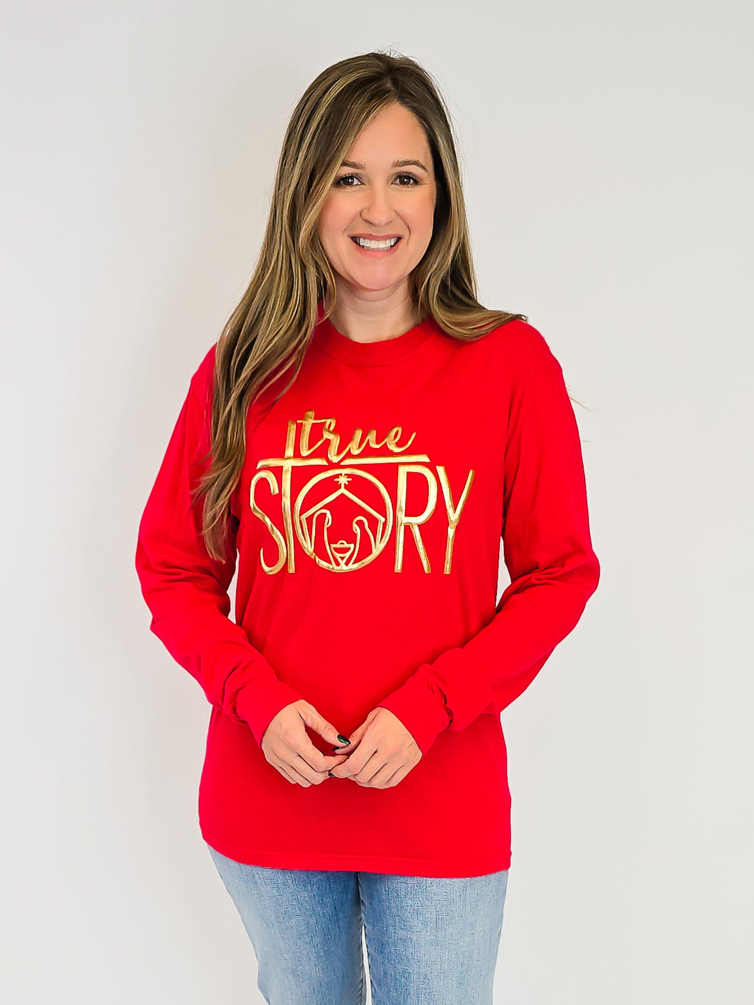LONG SLEEVE 'TRUE STORY' GOLD METALLIC TEE - RED