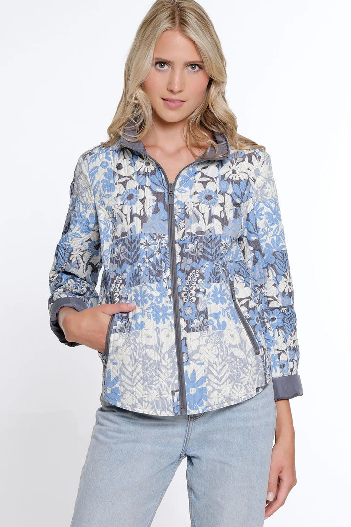 LONG SLEEVE ZIP QUILTED REVERSIBLE JACKET - BLUE/GREY FLORAL