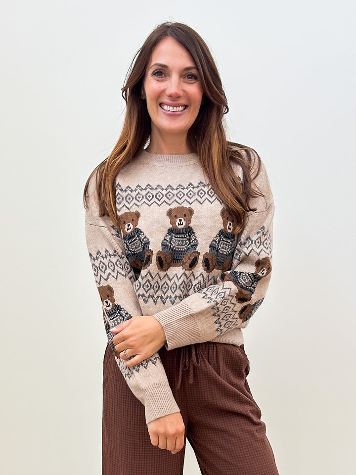 L/S BEAR MOTIF KNIT SWEATER - KHAKI