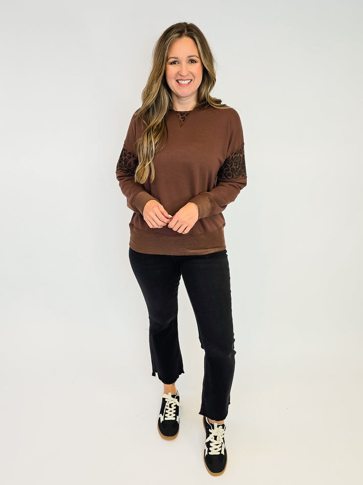 FRENCH TERRY AND ANIMAL PRINT MIX HOODIE - BROWN