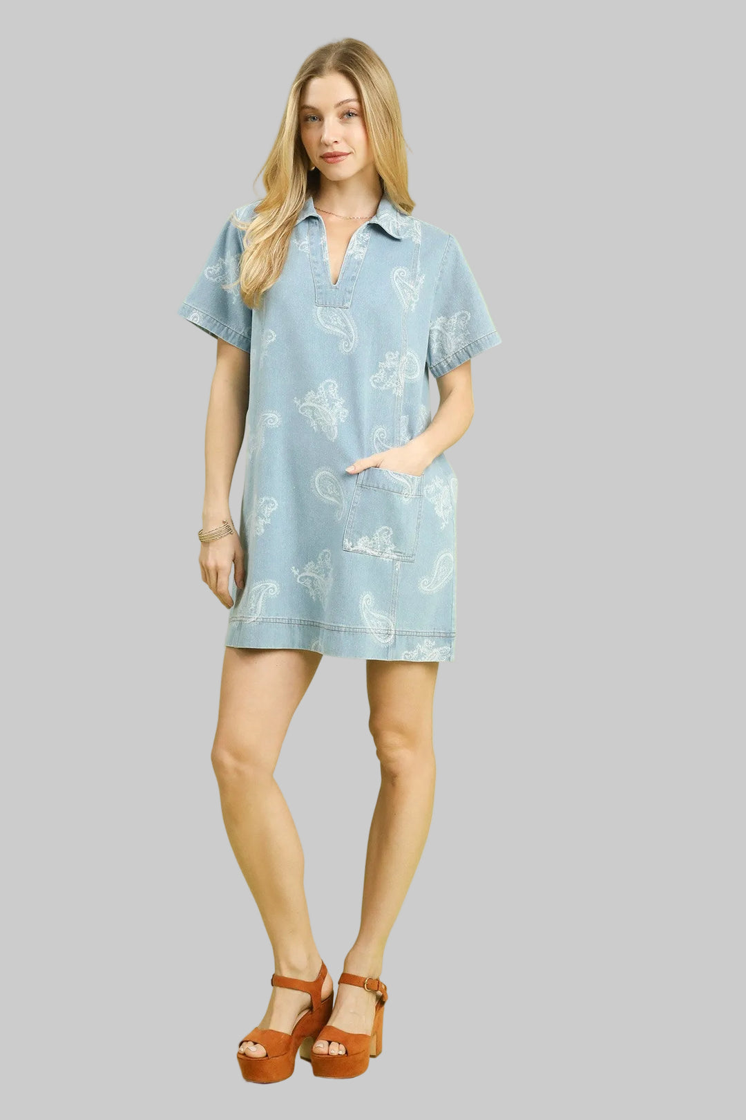 POINT COLLARED SLIT NECK DENIM TUNIC SHORT DRESS - LIGHT DENIM