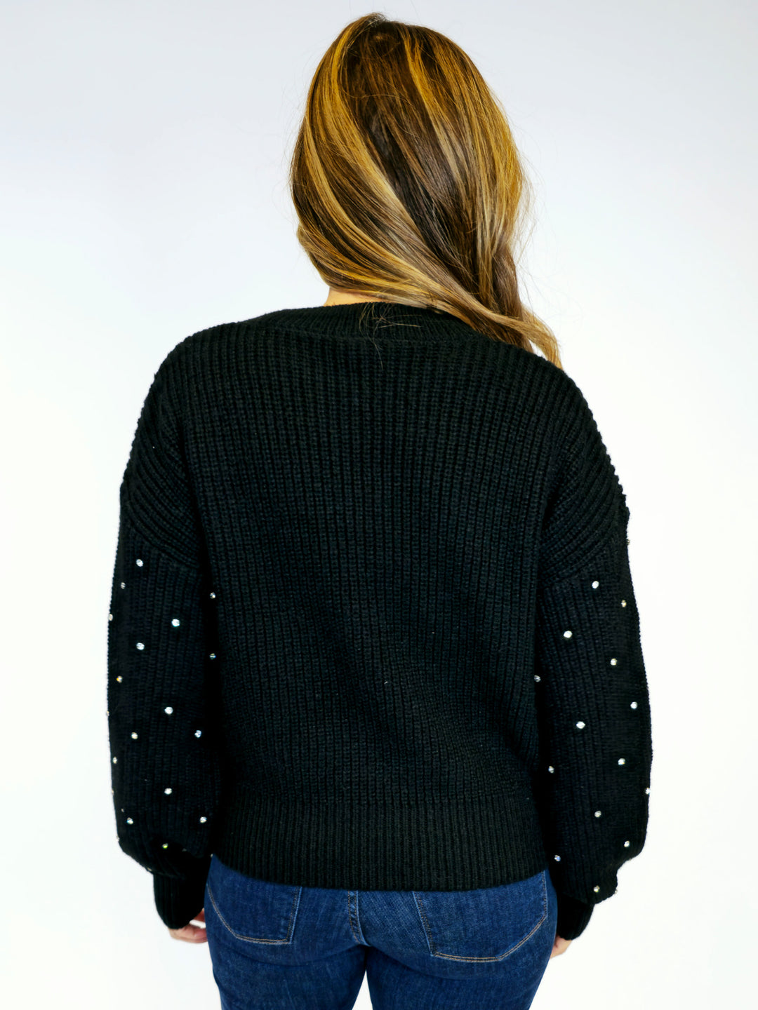 RHINESTONE CREW NECK SWEATER - BLACK