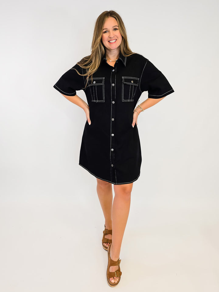 BUTTON DOWN CONTRAST STITCHING SHORT DRESS - BLACK