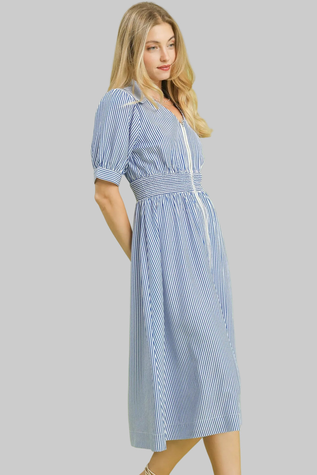 STRIPED COLLARED MIDI DRESS W/FRONT ZIPPER - BLUE