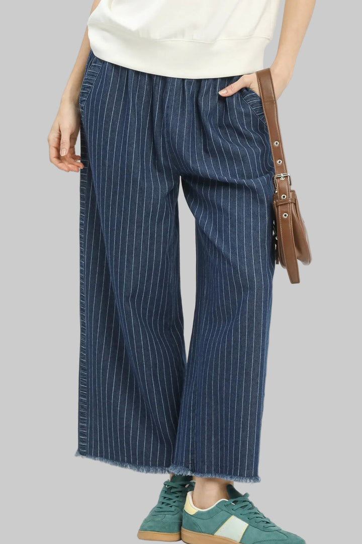 DENIM PINSTRIPE WIDE LEG PANTS - DARK DENIM
