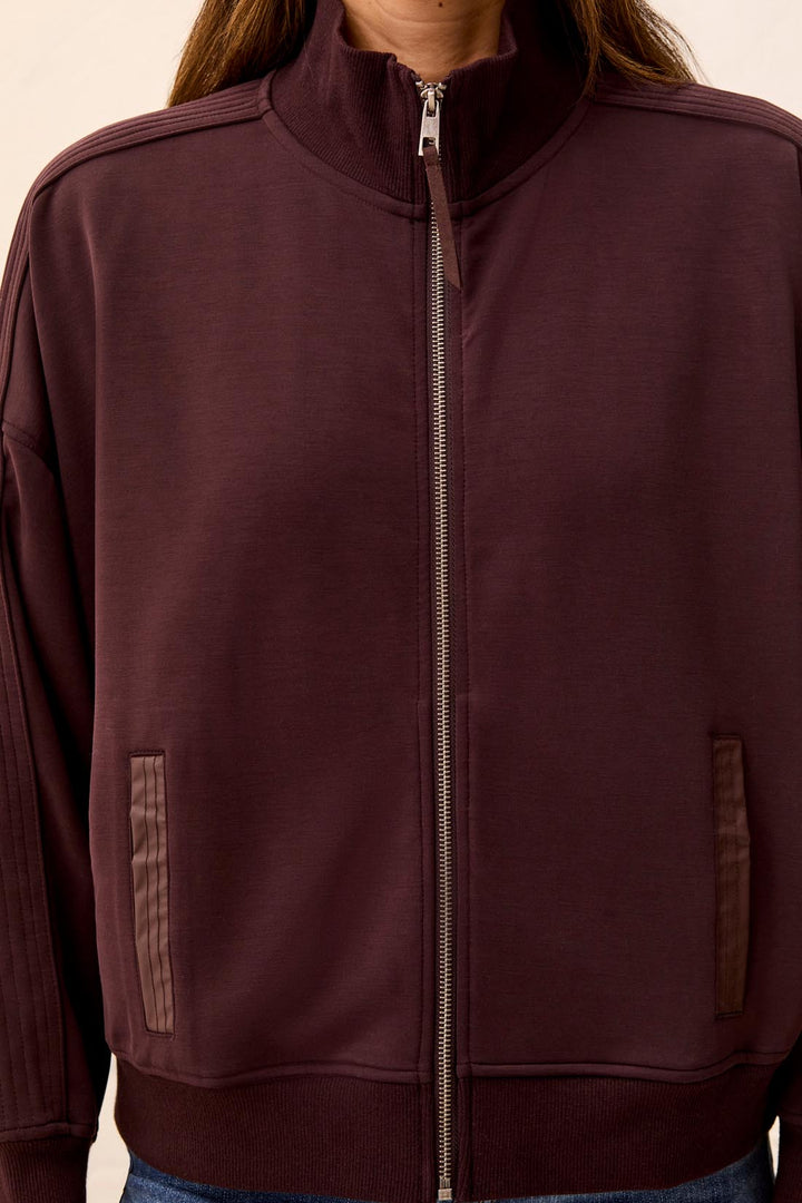 LONG SLEEVE KNIT BOMBER WITH FAUX LEATHER TRIM AND FANCY DETAIL - SADDLE BROWN