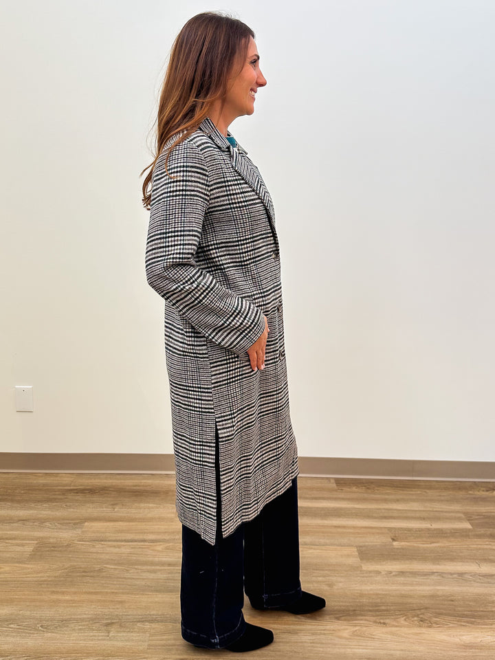 HOUNDSTOOTH PLAID LONG COAT - CHARCOAL GREEN