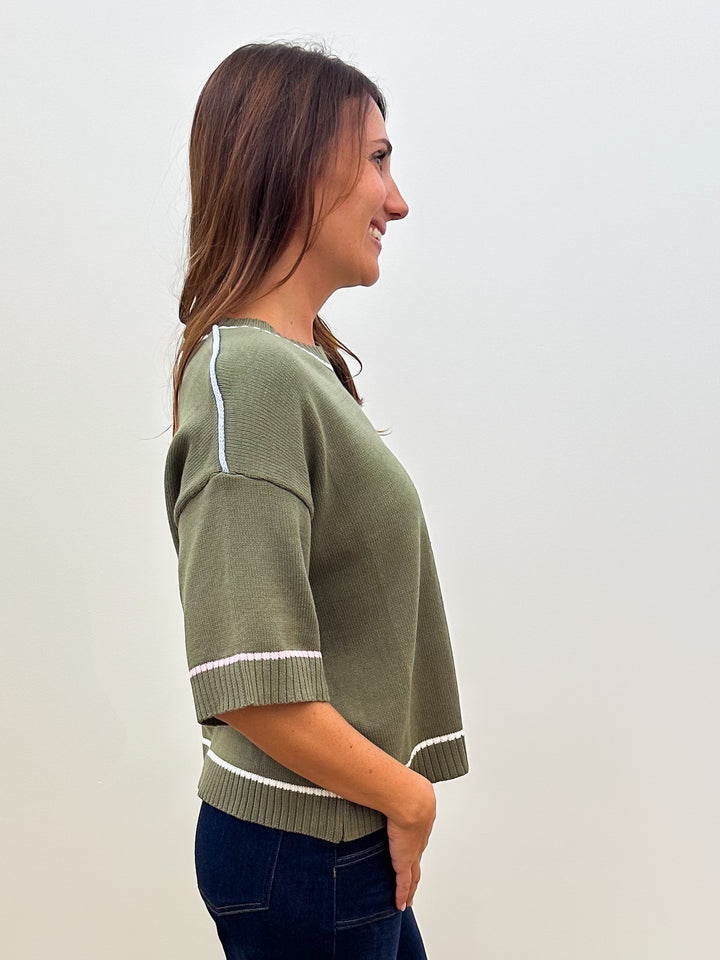 HALF SLEEVE CONTRAST SWEATER - OLIVE