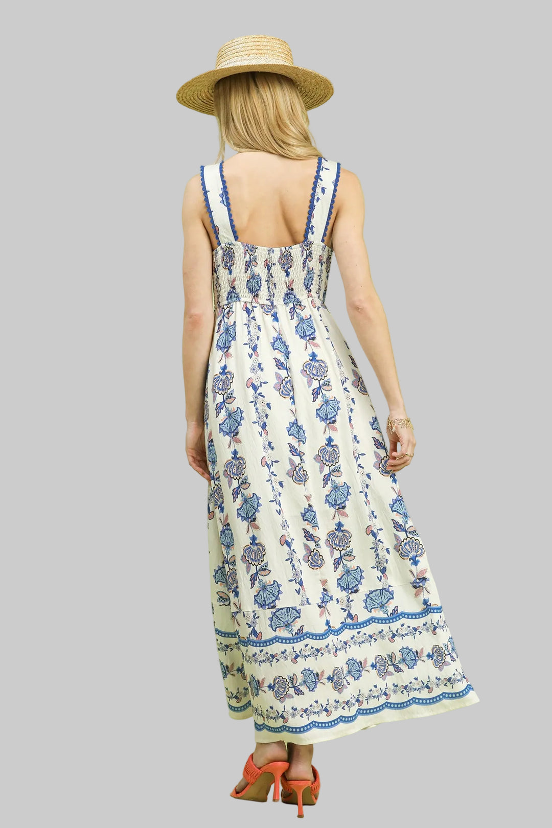 WIDE STRAP FLORAL PRINT TIERED MIDI DRESS - PERI BLUE