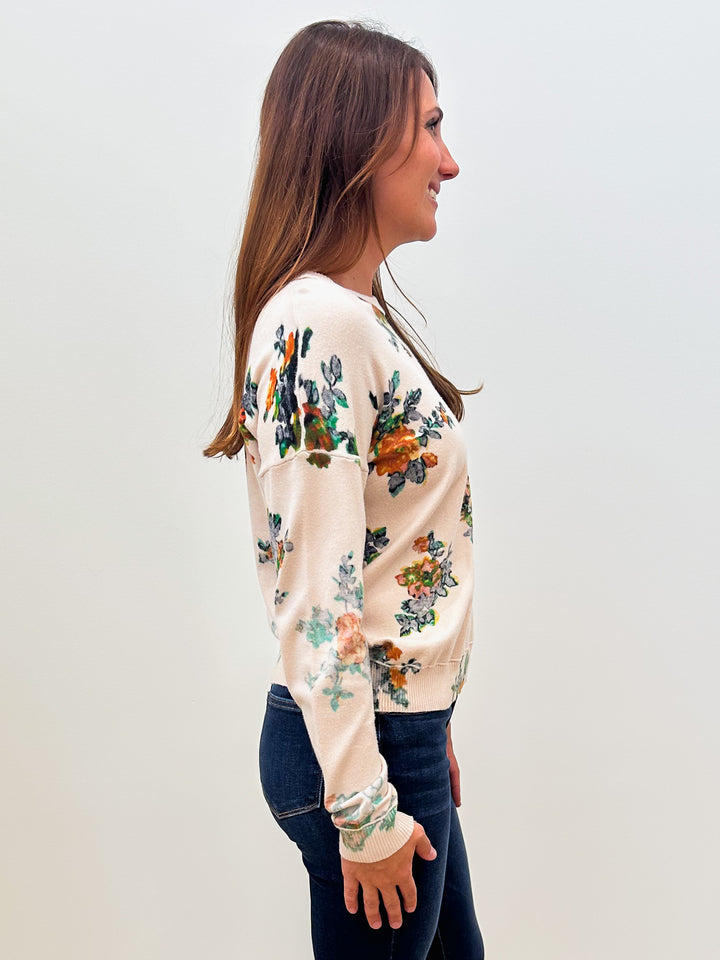LONG SLEEVE CREW NECK FLORAL PRINT SWEATER - BEIGE