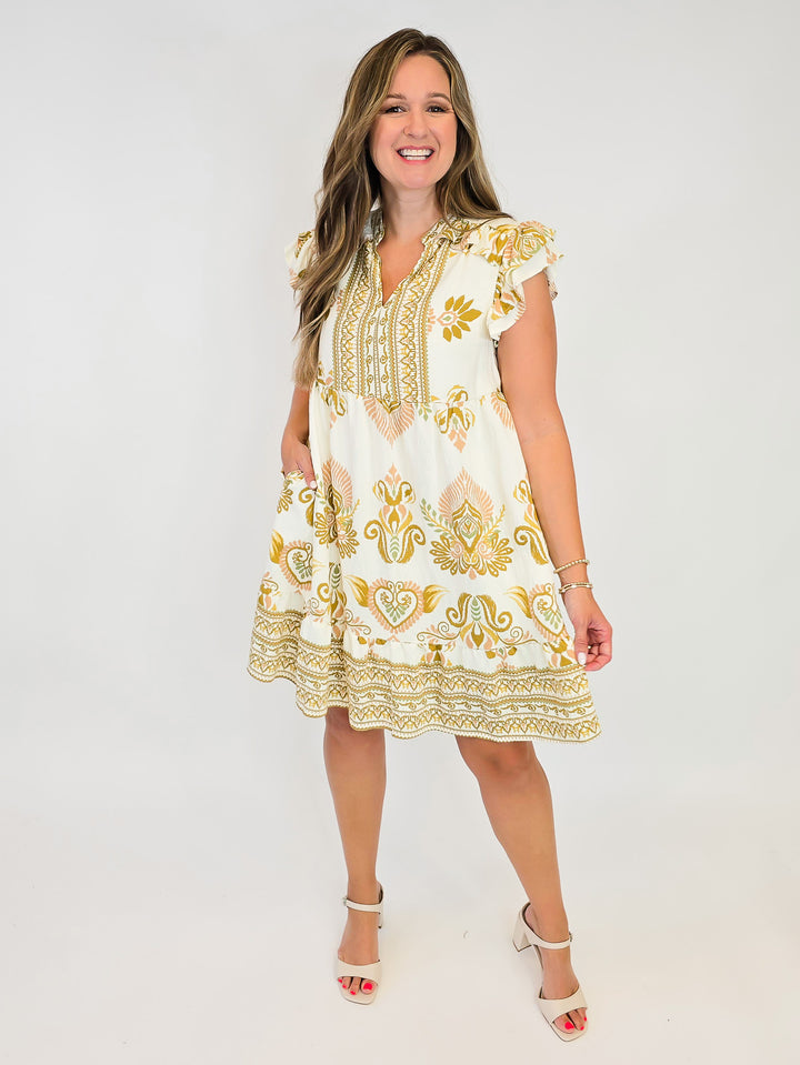 BORDER PRINT TIERED DOUBLE RUFFLE SLEEVE SHORT DRESS - MARIGOLD