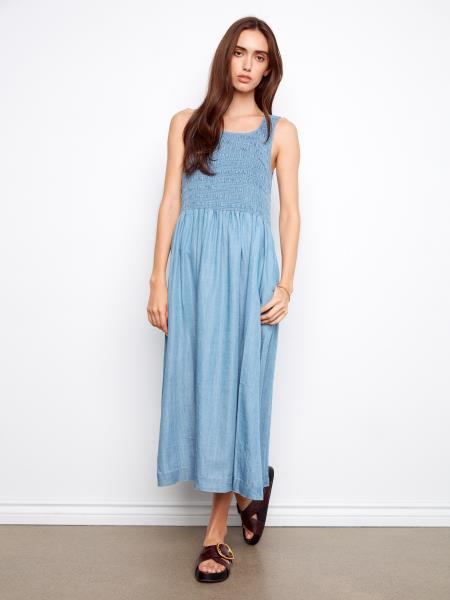 SLEEVELESS TENCEL MAXI DRESS W/SMOCKED BODICE - SOFT BLUE Brianne's Boutique SLEEVELESS TENCEL MAXI DRESS W/SMOCKED BODICE - SOFT BLUE Brianne's Boutique