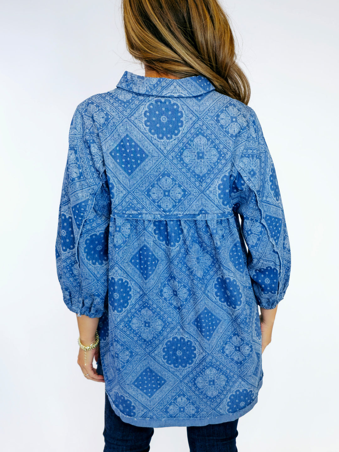 PAISLEY PRINT TUNIC BLOUSE - LT DENIM