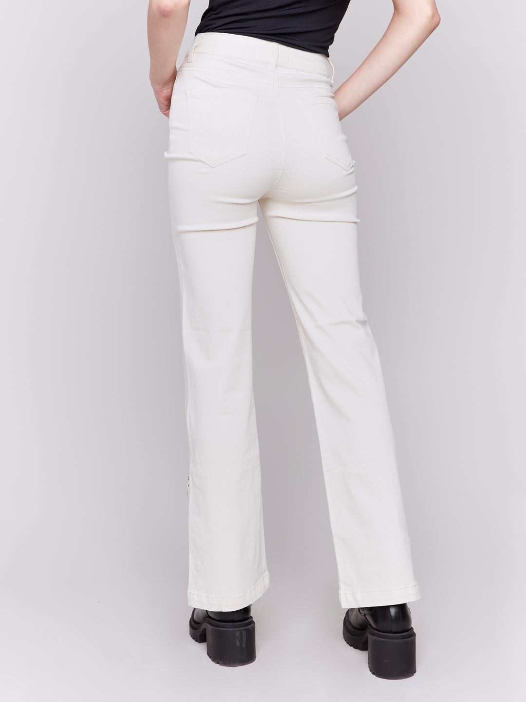 SIDE BUTTON FLARE LEG PANTS - NATURAL