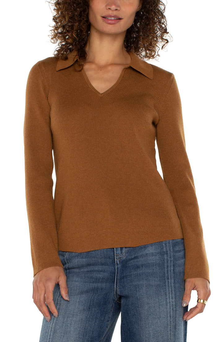 LONG SLEEVE V-NECK COLLARED SWEATER - TUMERIC