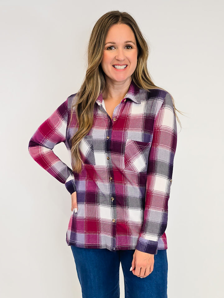 PLAID COLLARED SOFT BUTTON DOWN SHIRT - PLUM/BURGUNDY