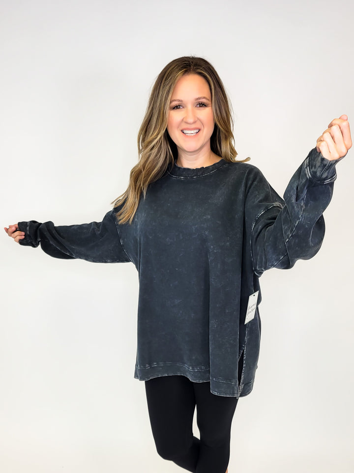 LONG SLEEVE WASHED COMFY PULL OVER - ASH BLACK