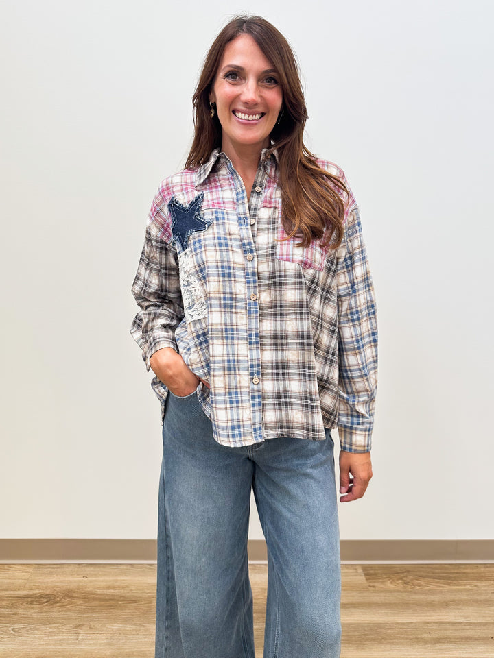 L/S STAR PATCH PLAID BUTTON UP SHIRT - PURPLE MULTI