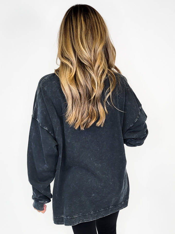 LONG SLEEVE WASHED COMFY PULL OVER - ASH BLACK
