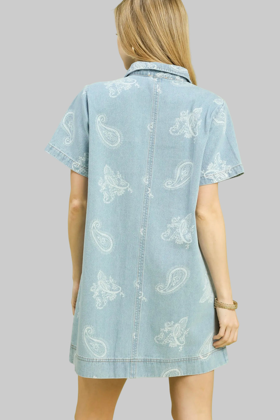 POINT COLLARED SLIT NECK DENIM TUNIC SHORT DRESS - LIGHT DENIM