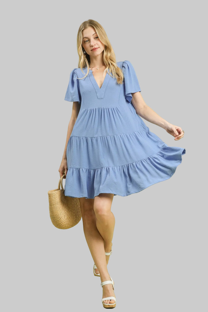SOLID V-NECK TIERED SHORT DRESS W/FLUTTER SLEEVES - PERI BLUE