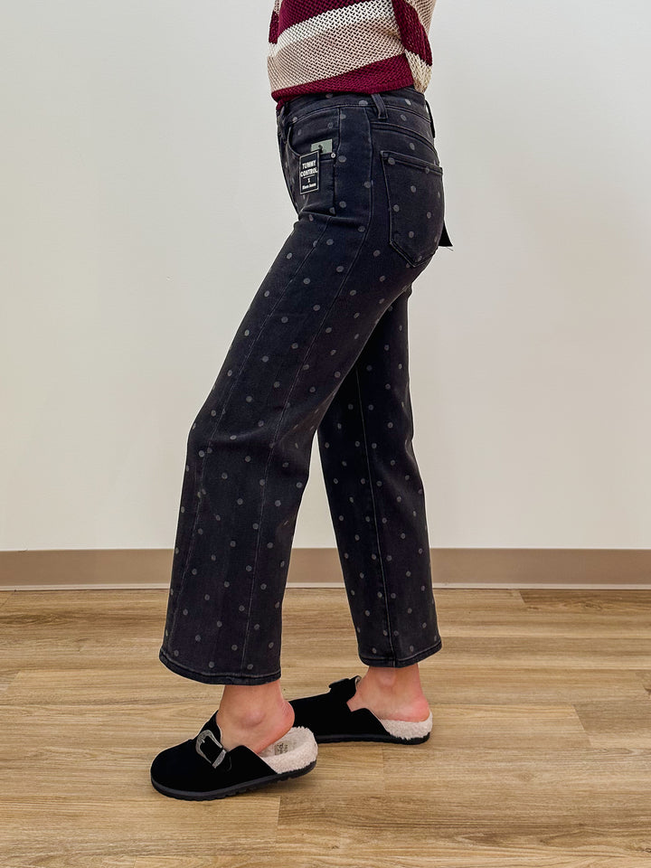 RISEN HR ANKLE STRAIGHT POLKA DOT PRINT PANTS - GREY - 28" INSEAM