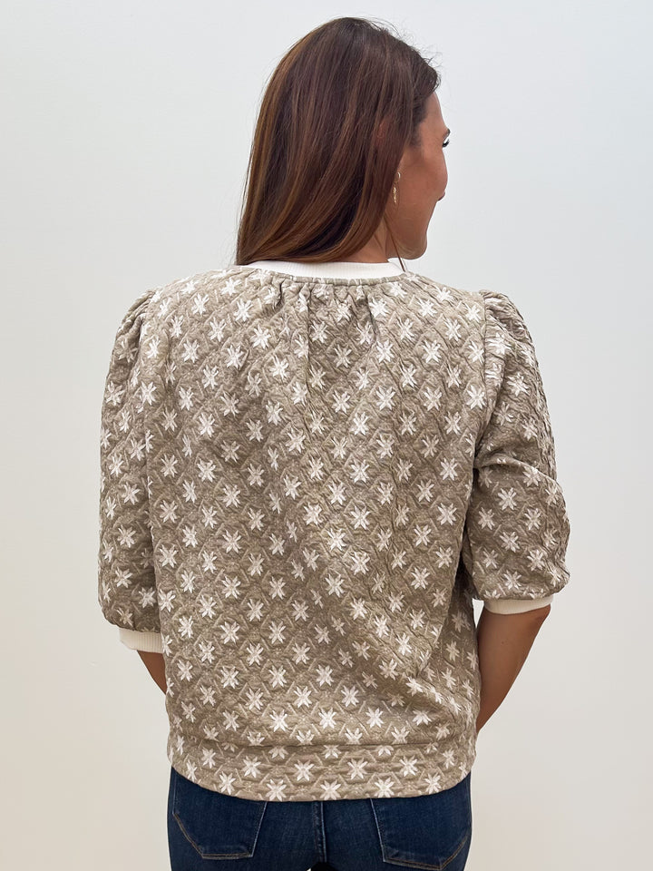 3/4 PUFF SLEEVE CREW NECK PRINT CONTRAST TOP - STONE