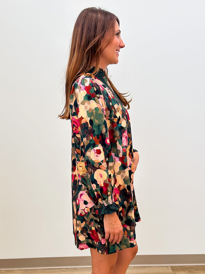 L/S RUFFLE NECK FLORAL SHORT DRESS - FOREST MIX