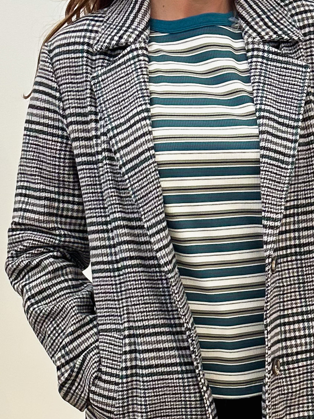 HOUNDSTOOTH PLAID LONG COAT - CHARCOAL GREEN