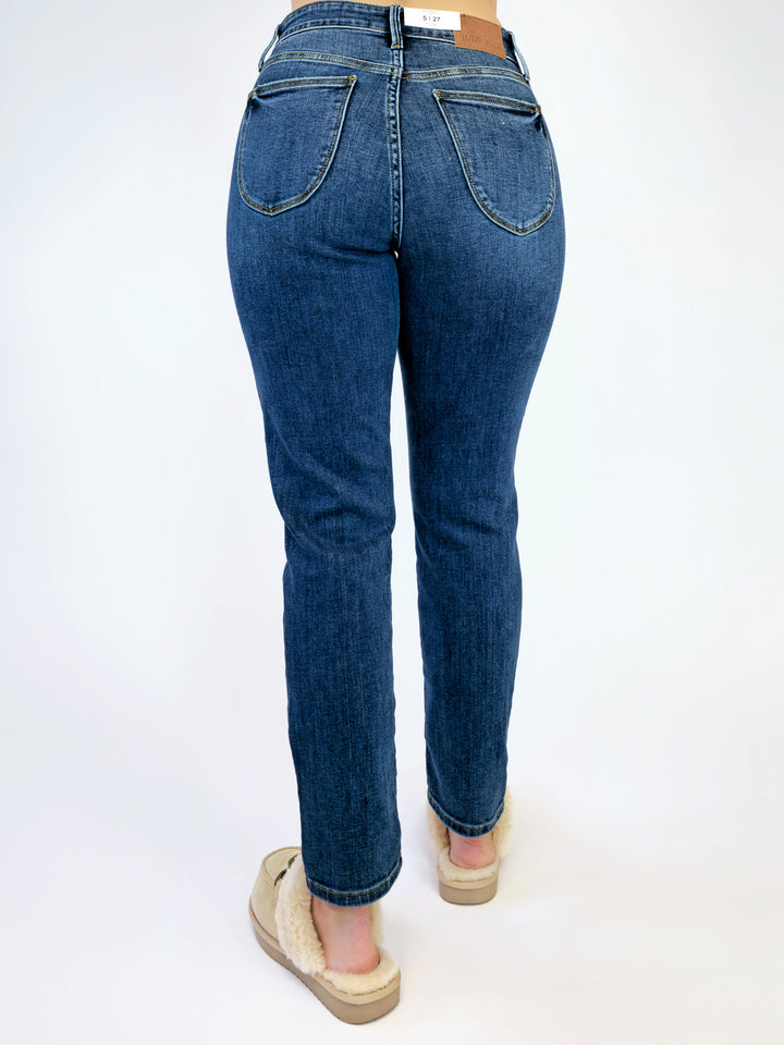 JUDY BLUE HIGH WAIST SHIELD BACK POCKET SLIM JEANS - DARK WASH - INSEAM 29"