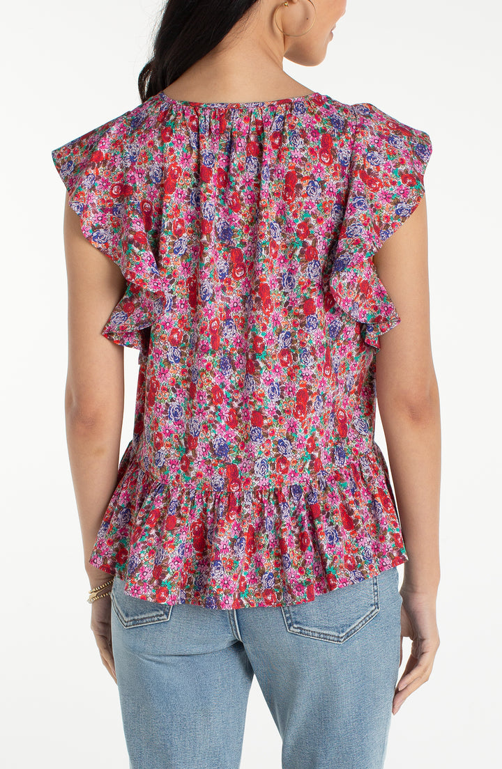 FLUTTER SLEEVE PEPLUM WOVEN TOP W/TIES - PINK