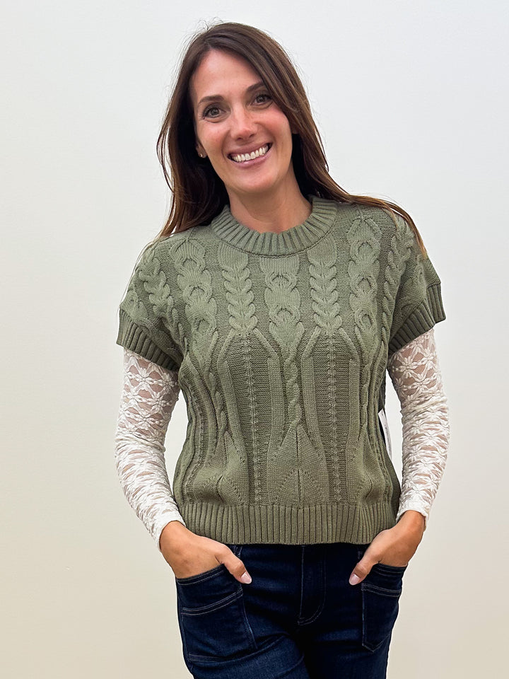 SHORT SLEEVE DROPPED SHOULDER CABLE KNIT SWEATER - OLIVE