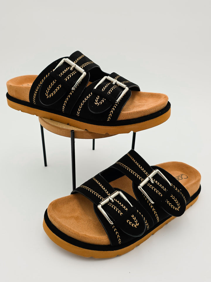 CORKY'S 'SMITTEN' SLIP ON SANDALS - BLACK FAUX SUEDE