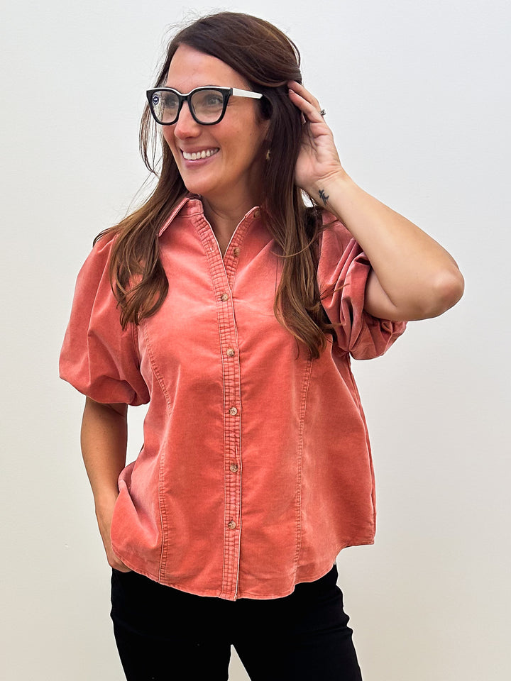 BUBBLE SLEEVE STRIPED MINERAL WASHED DENIM SHIRT - RUST