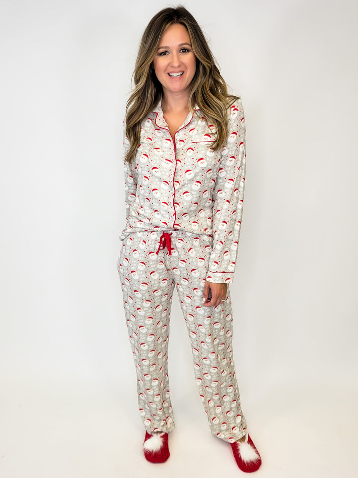 CHEERFUL SANTA BUTTON UP PJ SHIRT - GREY/RED