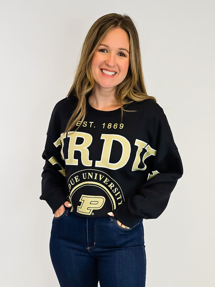 CROPPED LONG SLEEVE PURDUE SWEATSHIRT - BLACK