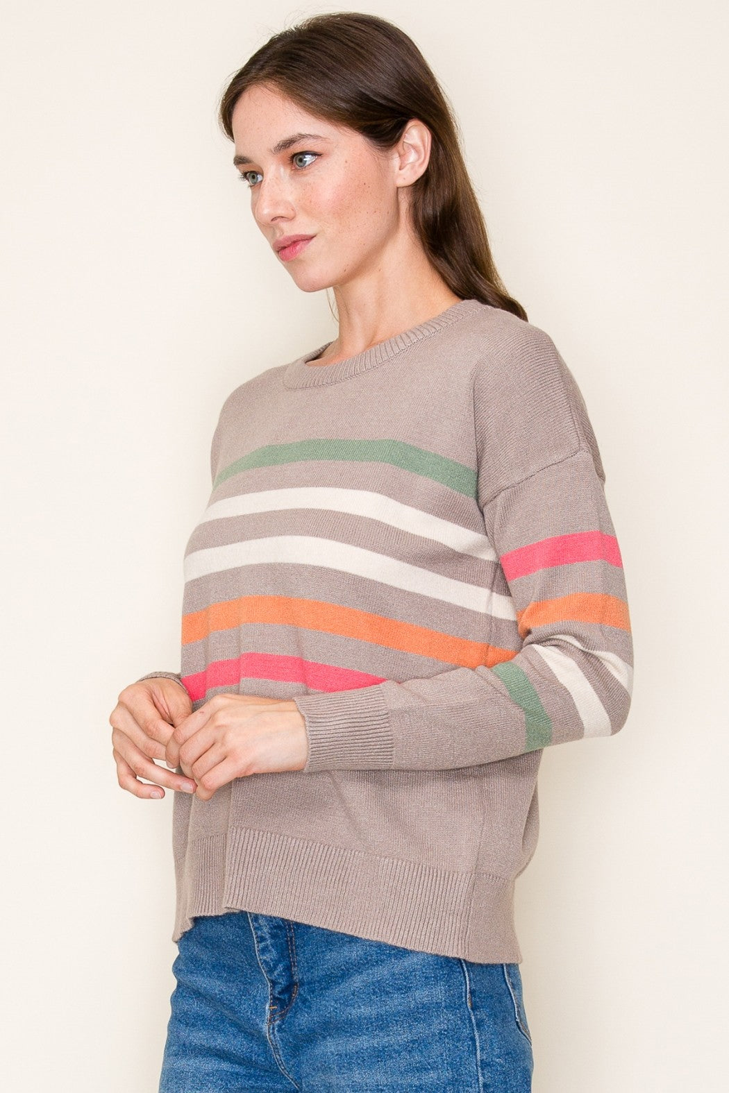 COLOR STRIPE CREW NECK PULLOVER - MOCHA