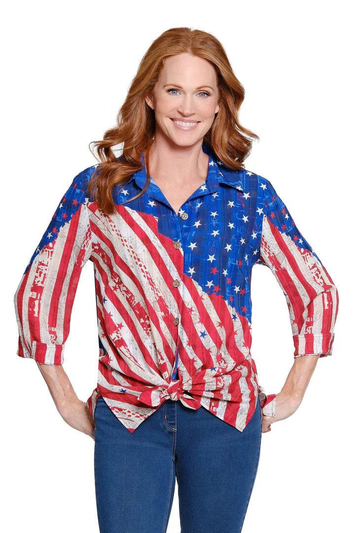CUFFED 3/4 SLEEVE BUTTON FRONT TIE WAIST HI/LO SHIRT - ABSTRACT FLAG RWB