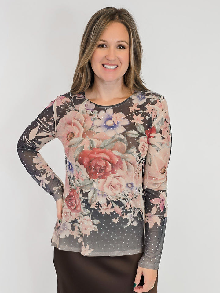 FLORAL MESH TOP WITH RHINESTONES - BLACK