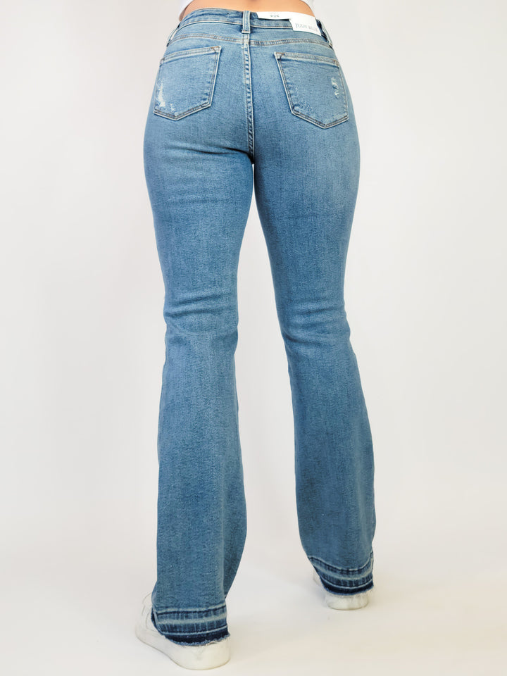 JUDY BLUE MIDRISE RELEASED HEM DISTRESSED BOOTCUT- MEDIUM - 32" INSEAM