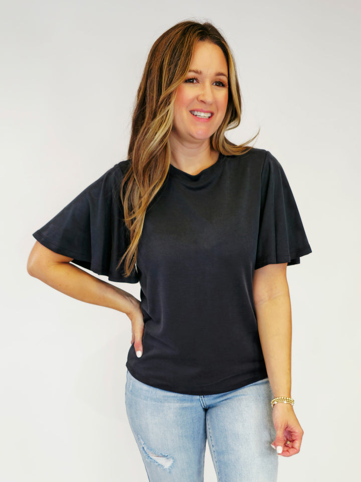 FLUTTER SHORT SLEEVE TOP - CHARCOAL