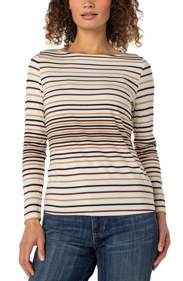 LONG SLEEVE BOAT NECK KNIT TOP - ALABASTER MITER STRIPE