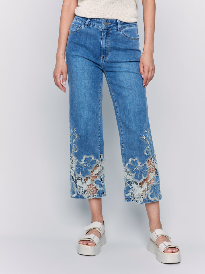 FLARE LEG PANT W/LASER CUT LACE HEM - MED BLUE