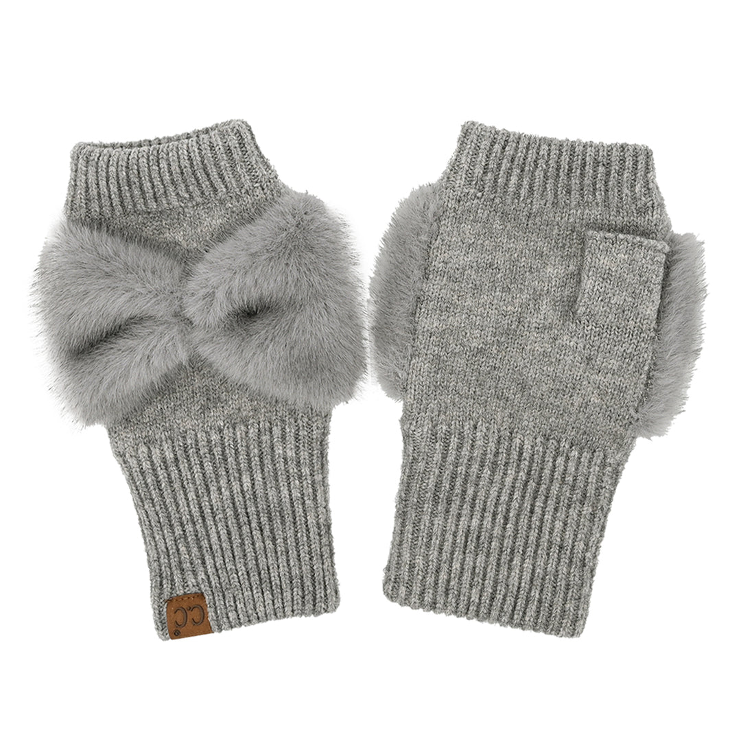 FAUX FUR BOW FINGERLESS GLOVES - GREY