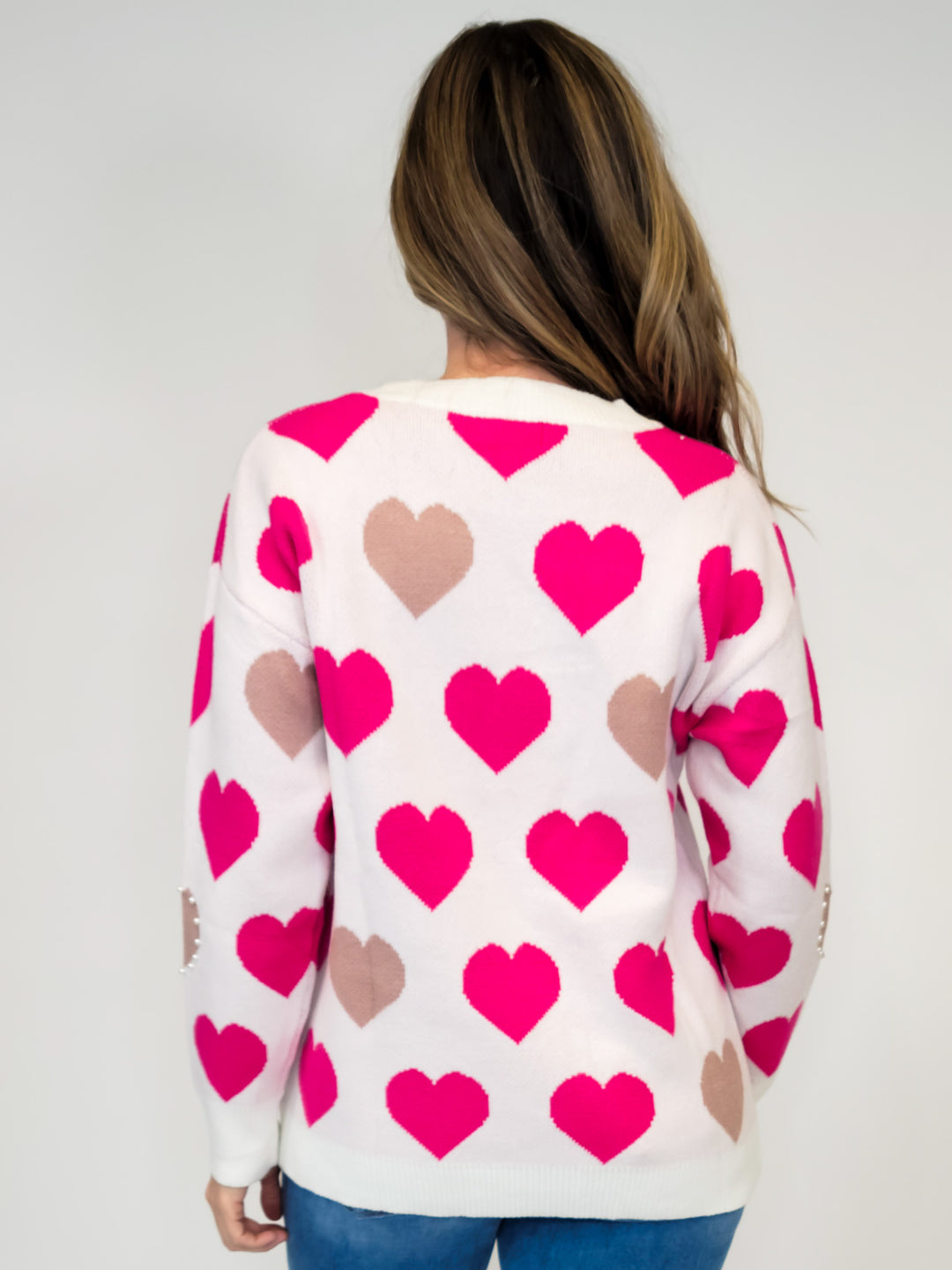 LONG SLEEVE HEART PATTERN SWEATER TOP W/PEARL ACCENT - OFF WHITE/PINK
