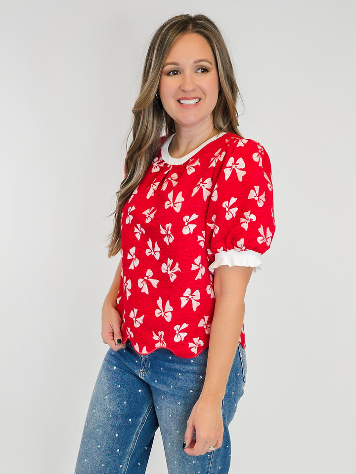 SCALLOPED HEM BOW PRINT VELVET TOP - RED