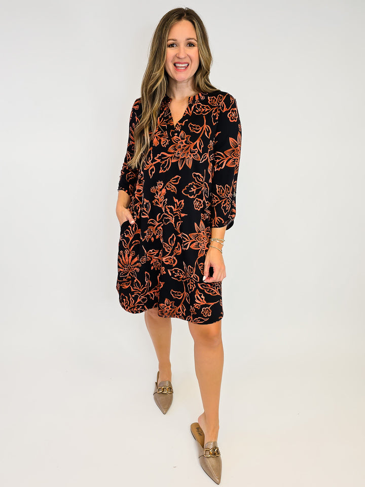 DEAR SCARLETT 3/4 SLEEVE LIZZY DRESS - FLORAL RUST/BLACK